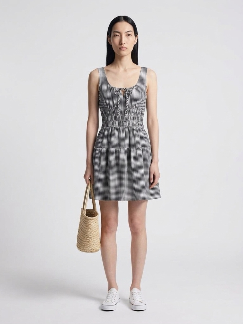 Wayf Black and White Gingham Smocked Mini Dress
